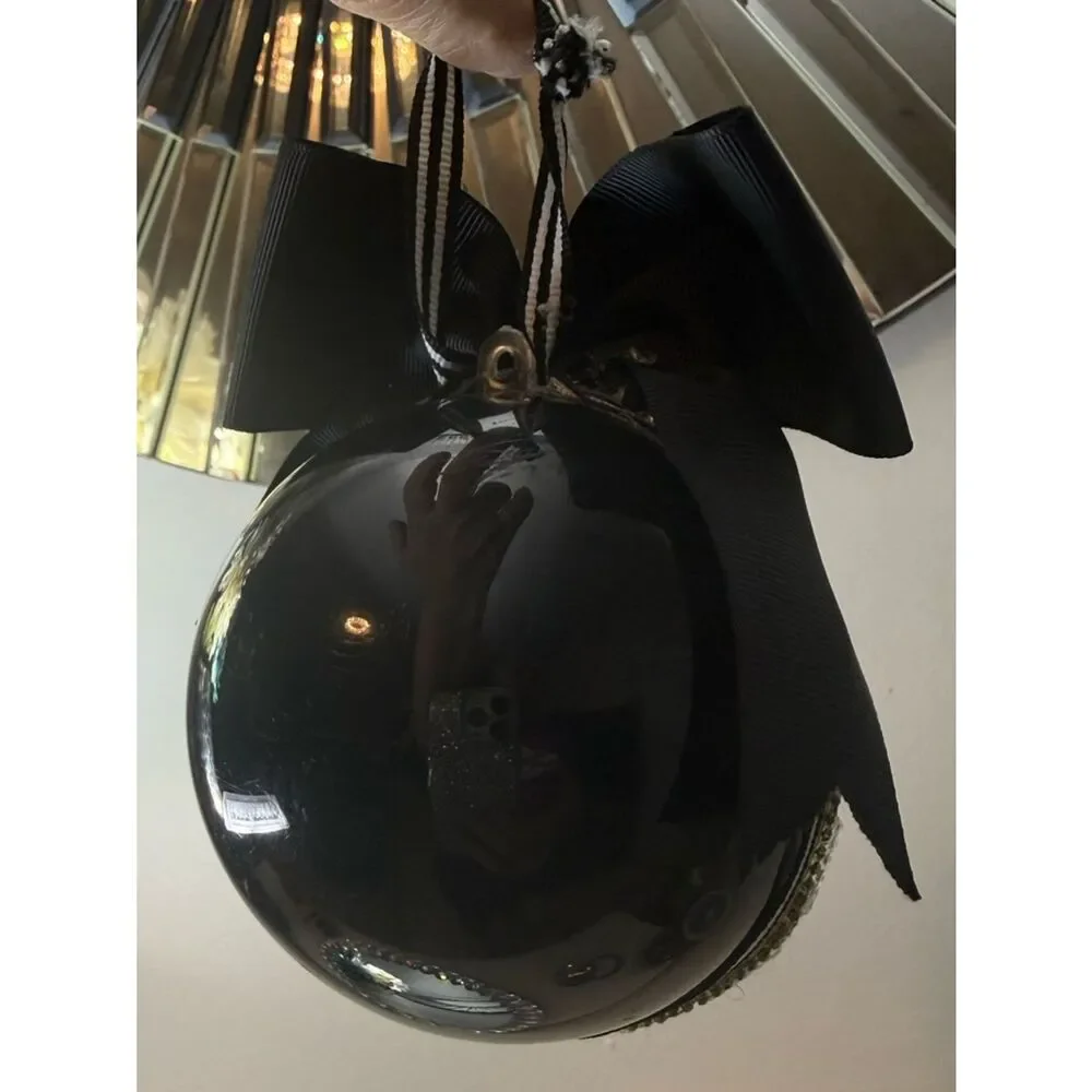 Luxury Pink Rose Ornament 4in Black Bow Gold Rhinestone Glam Chic Gift Decor